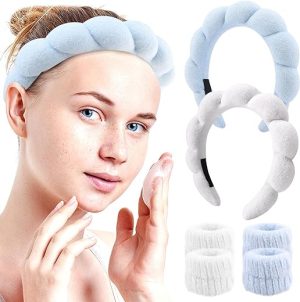 6Pcs Sponge Spa Headband for Women, Soft Makeup Headband with Wrist Washband Set Non Slip Towel Cloth Head Band Skincare Headbands for Face Washing, Shower, Makeup Removal(Blue...