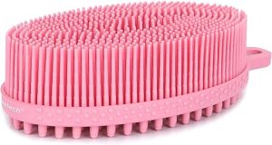 FREATECH Silicone Body Scrubber, Dual-sided Bath Shower Body Cleansing Brush to Clean, Exfoliate and Massage Skin for Men Women Kids, Easy to Clean, More Hygienic Than Loofah, Pink