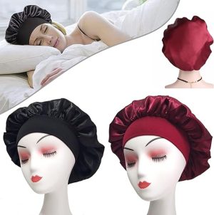 Hair Bonnet for Sleeping, Wide Band Satin Bonnet, Night Sleep Cap Silk Bonnet for Women Girls, Hair Care Sleeping Head Cover Elastic Hat Hair Bonnet for Black Hair Curly Hair...