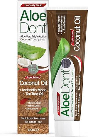 Aloe Dent Coconut Oil Toothpaste Fluoride Free , Natural Action, Vegan, Cruelty Free , SLS Free, Triple Action , Healthy Gums , 100 ml