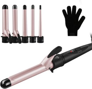 Curling Tongs, GEEDIAR 5 In 1 Multifunction Curling Iron Curling Wand with 5 Interchangeable Ceramic Coating Barrels Hair Curler Dual Voltage Resistant Glove for All Hair