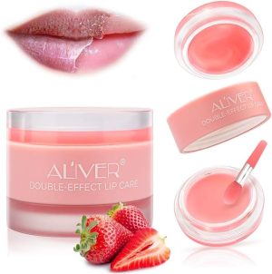DOUBLE-EFFECT Lip Sleep Mask with Collagen Peptide,Moisturizing Strawberry Sleeping Lip Mask Overnight Hydrating Lip Balm Mask Exfoliating Lip Scrub Lip Care Treatment For...