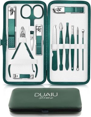 Nail Clippers Manicure Set DUAIU 12PCs Professional Nail Clipper Set Stainless Steel Pedicure Kit for Men Women Nail Care Tools Grooming Kit with Travel Case (Green)