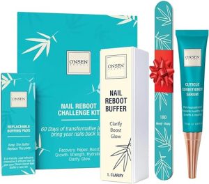Onsen Secret Japanese Nail File Buffer and Shine Kit - Professional Nail File, 3-Way Nail Buffer Block w/Free Replacement Pads & Nail Strengthening Cuticle Cream for Healthy...