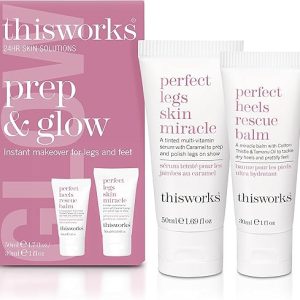 This Works Prep and Glow Gift Set - Travel Size Kit with Perfect Legs Skin Miracle and Perfect Heels Rescue Balm Foot Cream - Nourishing & Hydrating Bodycare Duo