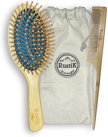 Green Oval Hair Brush Set by RustiK, Bamboo,Pin Tail Comb and Cotton Travel Bag, Detangling, Anti Static, Gift Set, Eco Friendly, Handmade, Woodcrafted For Men and Women.